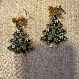 BaubleBar Green Christmas Tree Earrings with Gold and Pink Bows